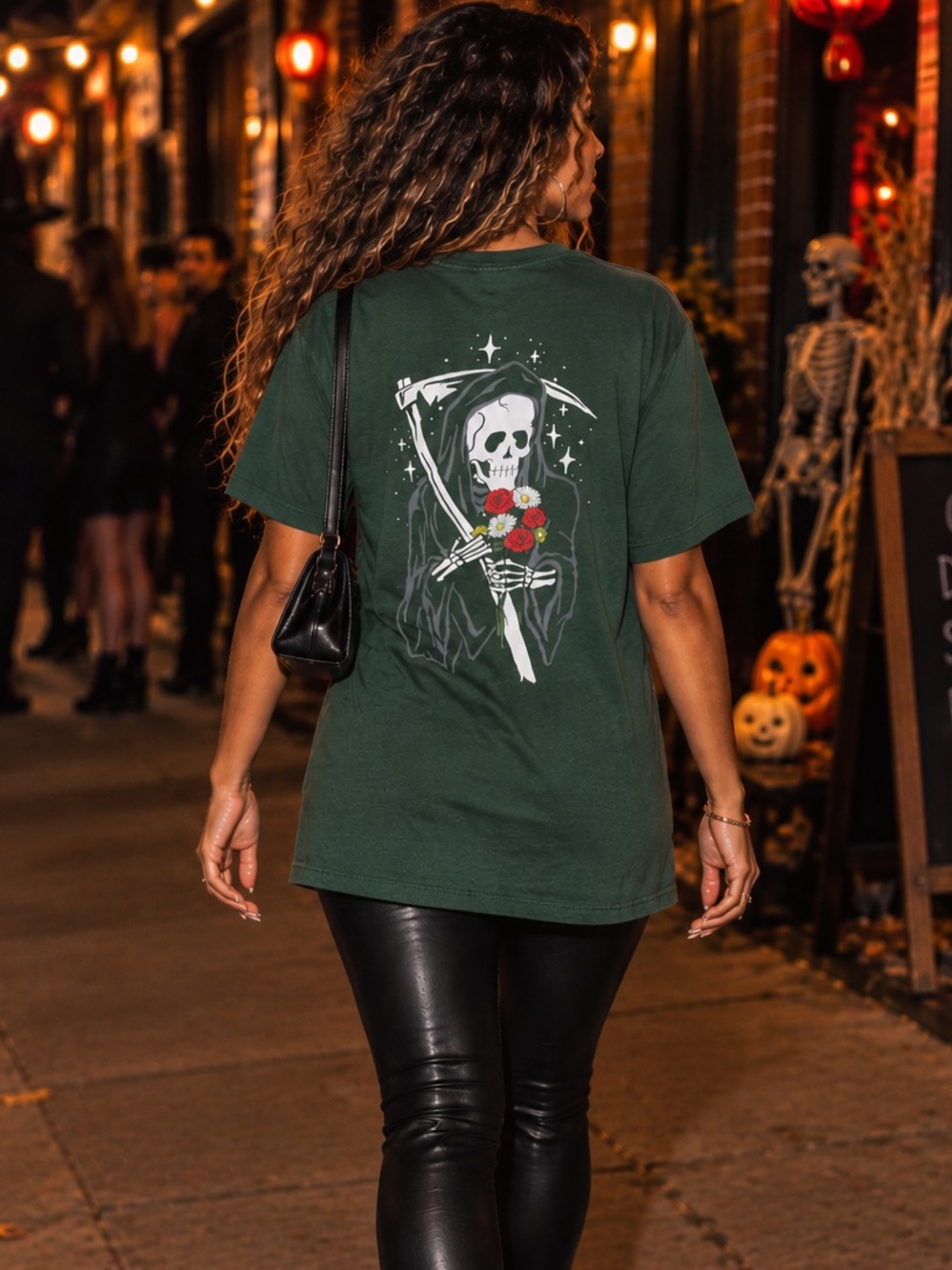 Taco Tuesday Grim Reaper Floral Halloween Graphic Tee Green L